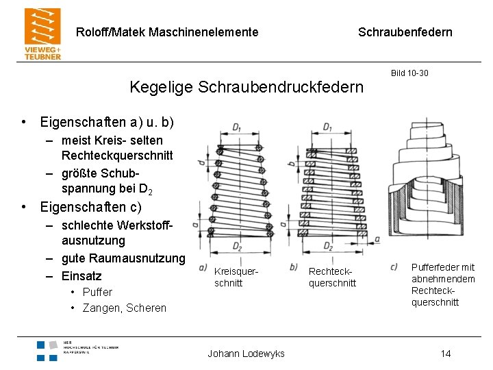 Roloff/Matek Maschinenelemente Schraubenfedern Kegelige Schraubendruckfedern Bild 10 -30 • Eigenschaften a) u. b) –