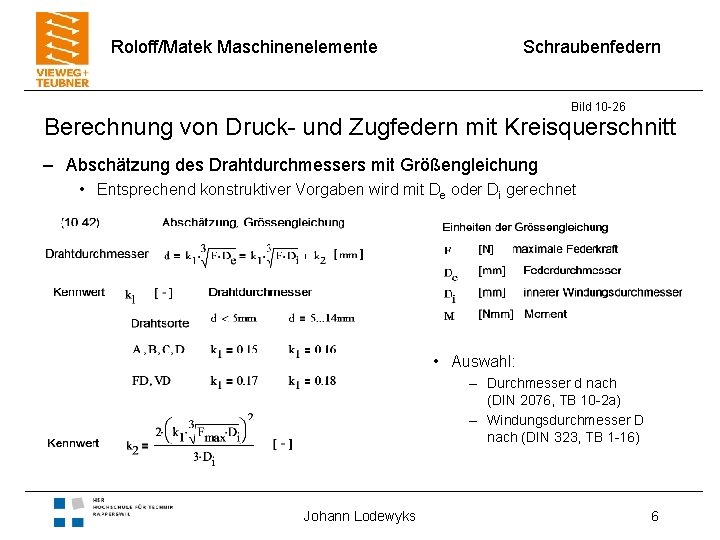 Roloff/Matek Maschinenelemente Schraubenfedern Bild 10 -26 Berechnung von Druck- und Zugfedern mit Kreisquerschnitt –