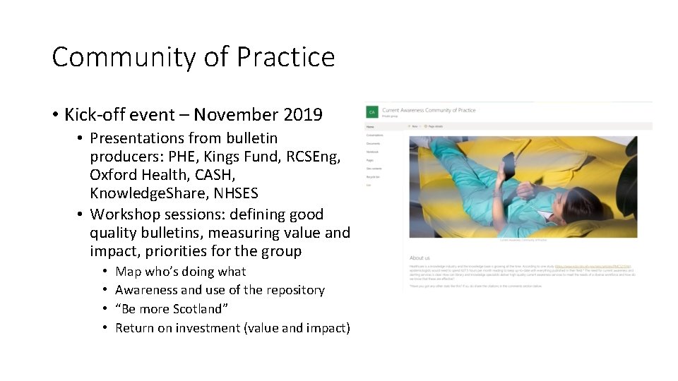 Community of Practice • Kick-off event – November 2019 • Presentations from bulletin producers: