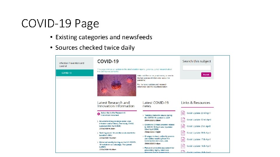 COVID-19 Page • Existing categories and newsfeeds • Sources checked twice daily 