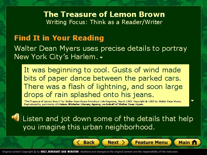 The Treasure of Lemon Brown Writing Focus: Think as a Reader/Writer Find It in