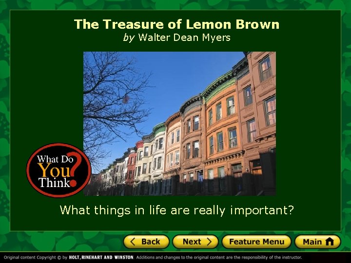 The Treasure of Lemon Brown by Walter Dean Myers What things in life are