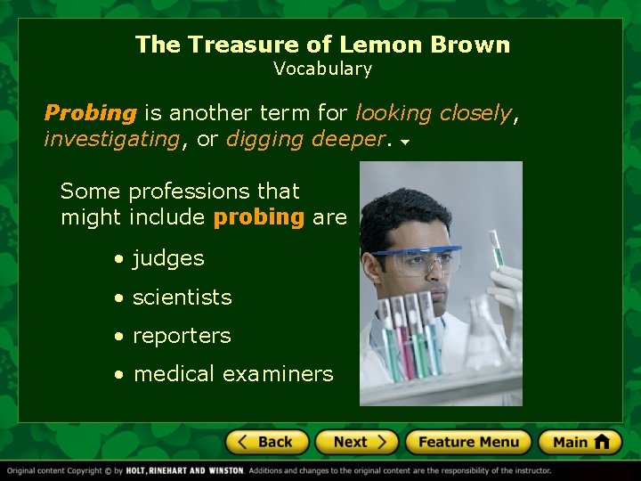 The Treasure of Lemon Brown Vocabulary Probing is another term for looking closely, investigating,