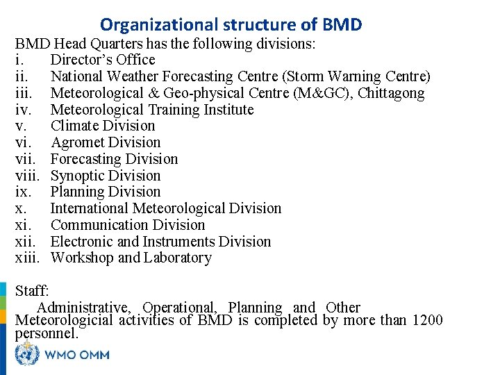 Organizational structure of BMD Head Quarters has the following divisions: i. Director’s Office ii.