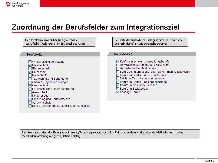 Zuordnung der Berufsfelder zum Integrationsziel Berufsfelderauswahl bei Integrationsziel „berufliche Ausbildung“ (=Ersteingliederung) Berufsfelderauswahl bei Integrationsziel