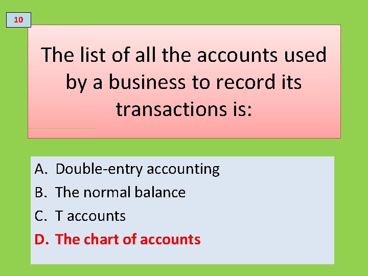 10 The list of all the accounts used by a business to record its