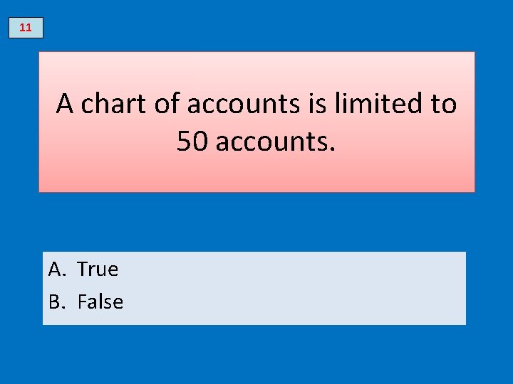 11 A chart of accounts is limited to 50 accounts. A. True B. False