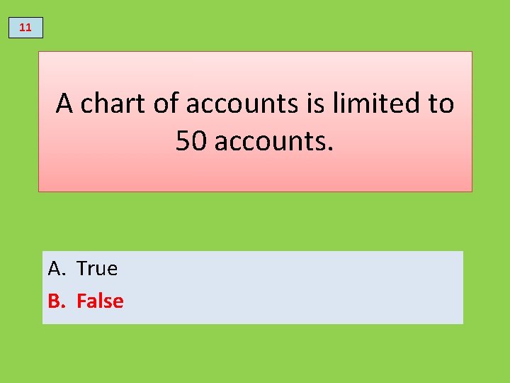 11 A chart of accounts is limited to 50 accounts. A. True B. False