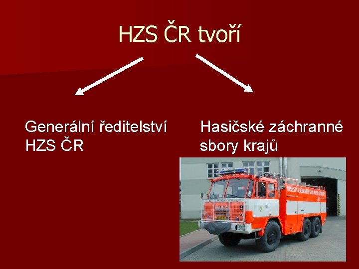 HZS ČR tvoří Generální ředitelství HZS ČR Hasičské záchranné sbory krajů 