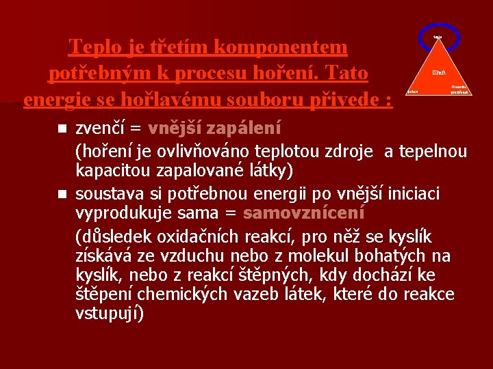 Teplo je třetím komponentem potřebným k procesu hoření. Tato energie se hořlavému souboru přivede