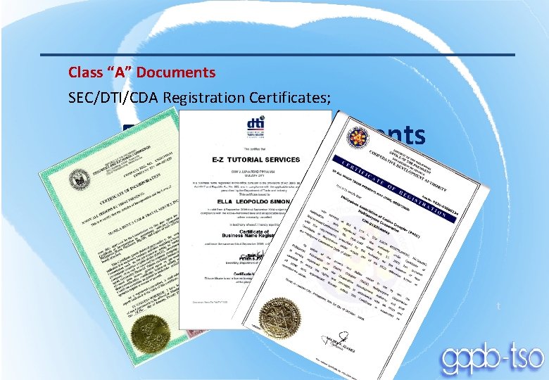 Class “A” Documents SEC/DTI/CDA Registration Certificates; Eligibility Requirements t 