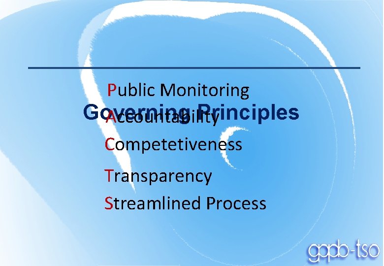 Public Monitoring Governing Principles Accountability Competetiveness Transparency Streamlined Process 