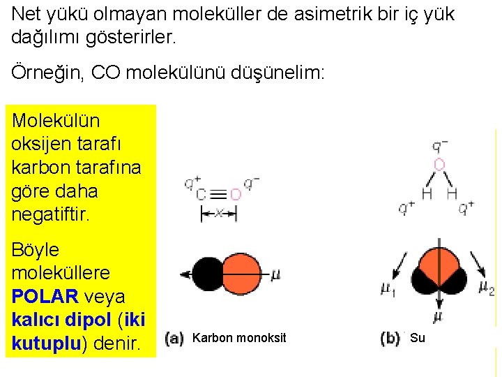 Net yükü olmayan moleküller de asimetrik bir iç yük dağılımı gösterirler. Örneğin, CO molekülünü