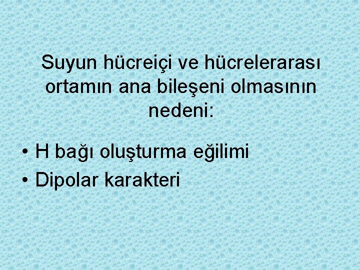 Suyun hücreiçi ve hücrelerarası ortamın ana bileşeni olmasının nedeni: • H bağı oluşturma eğilimi