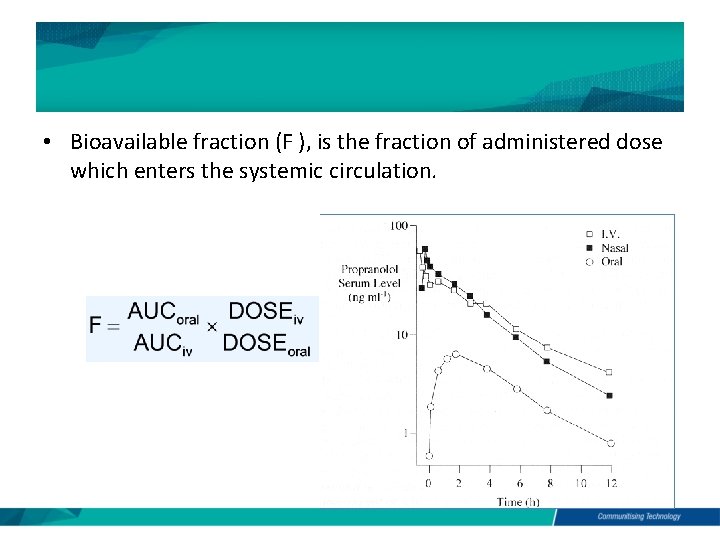  • Bioavailable fraction (F ), is the fraction of administered dose which enters