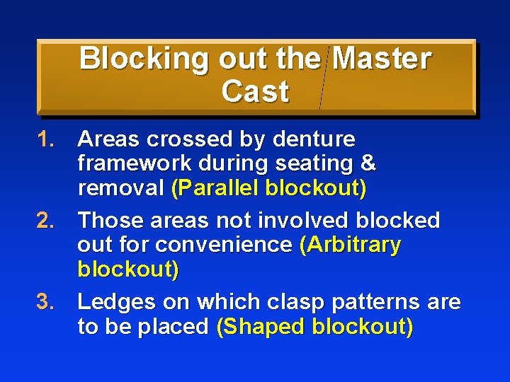 Blocking out the Master Cast 1. Areas crossed by denture framework during seating &