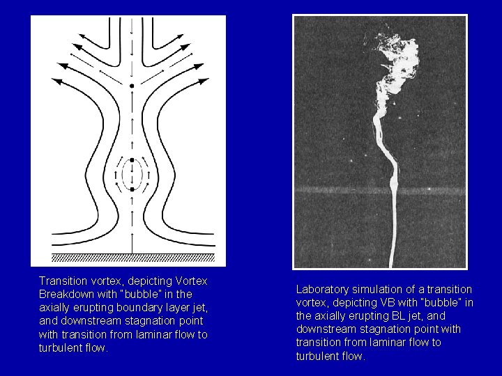 Transition vortex, depicting Vortex Breakdown with “bubble” in the axially erupting boundary layer jet,