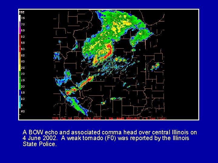 A BOW echo and associated comma head over central Illinois on 4 June 2002.