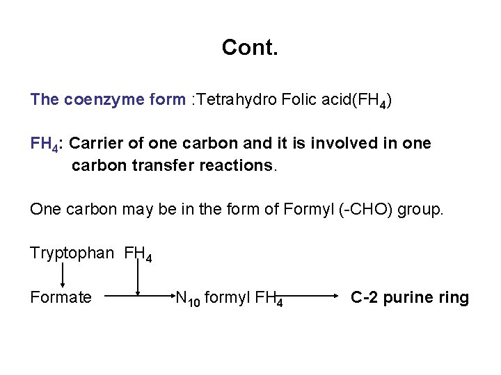 Cont. The coenzyme form : Tetrahydro Folic acid(FH 4) FH 4: Carrier of one