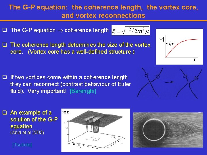 The G-P equation: the coherence length, the vortex core, and vortex reconnections q The