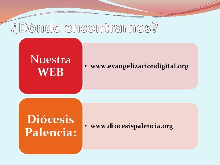¿Dónde encontrarnos? Nuestra WEB Diócesis Palencia: • www. evangelizaciondigital. org • www. diocesispalencia. org