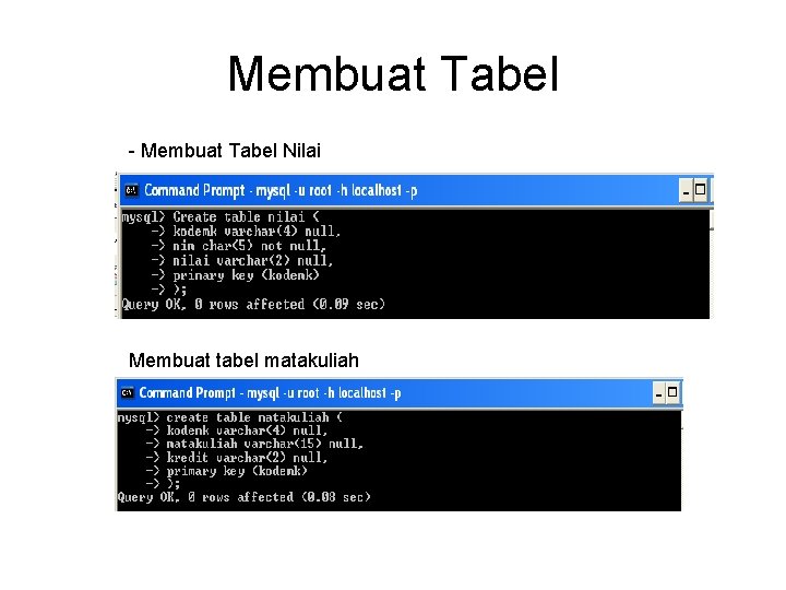 Membuat Tabel - Membuat Tabel Nilai Membuat tabel matakuliah Membuat Tabel - Membuat Tabel Nilai Membuat tabel matakuliah