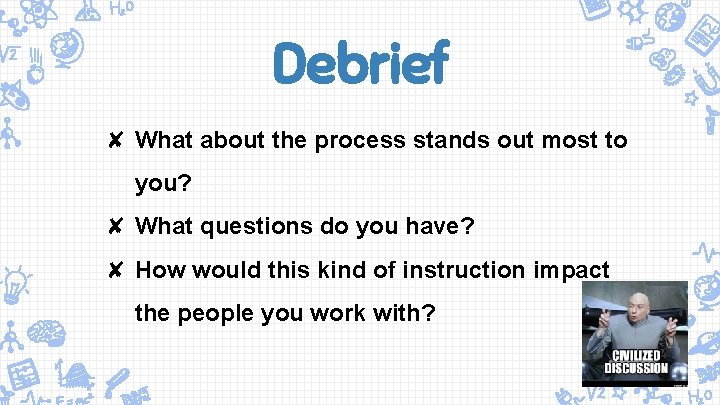 Debrief ✘ What about the process stands out most to you? ✘ What questions