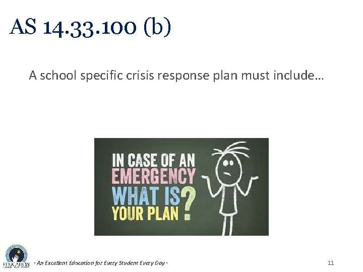 AS 14. 33. 100 (b) A school specific crisis response plan must include… ·