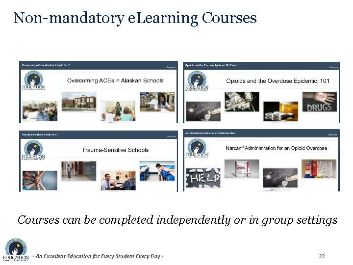 Non-mandatory e. Learning Courses can be completed independently or in group settings · An