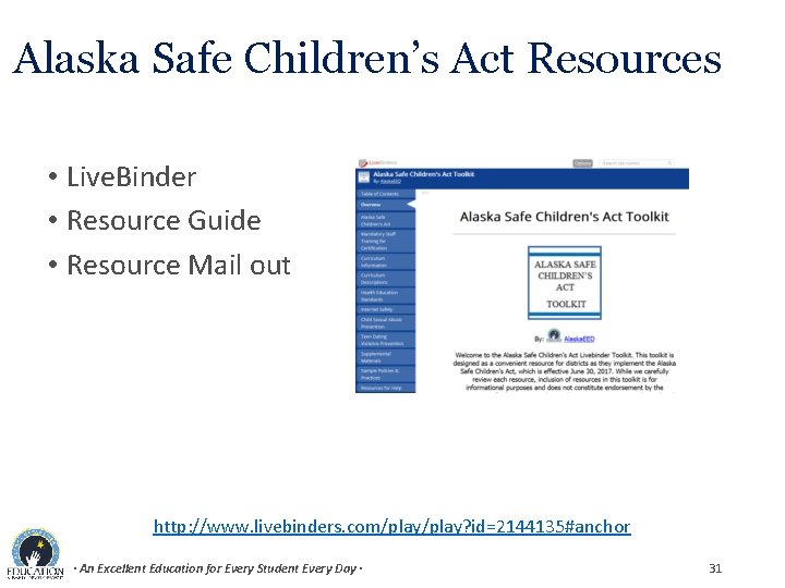 Alaska Safe Children’s Act Resources • Live. Binder • Resource Guide • Resource Mail