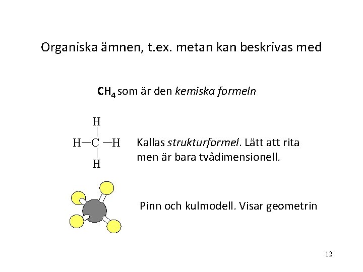 Organiska ämnen, t. ex. metan kan beskrivas med CH 4 som är den kemiska