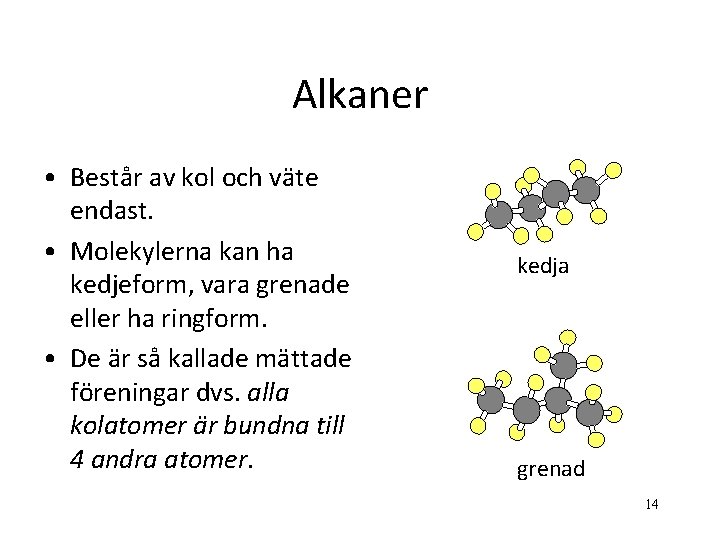 Alkaner • Består av kol och väte endast. • Molekylerna kan ha kedjeform, vara