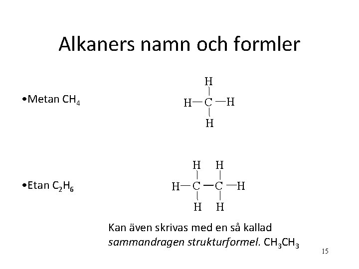 Alkaners namn och formler H • Metan CH 4 H C H H •
