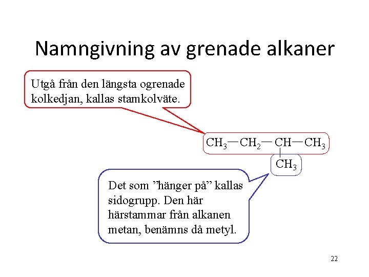 Namngivning av grenade alkaner Utgå från den längsta ogrenade kolkedjan, kallas stamkolväte. CH 3