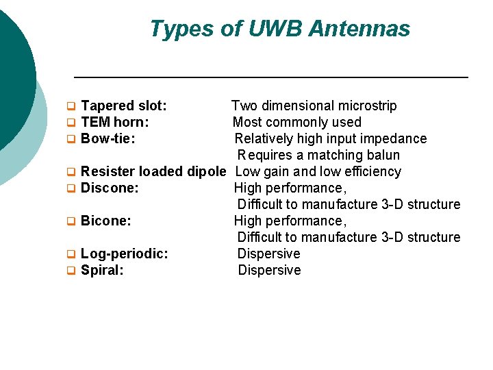 Types of UWB Antennas q Tapered slot: q TEM horn: q Bow-tie: Two dimensional