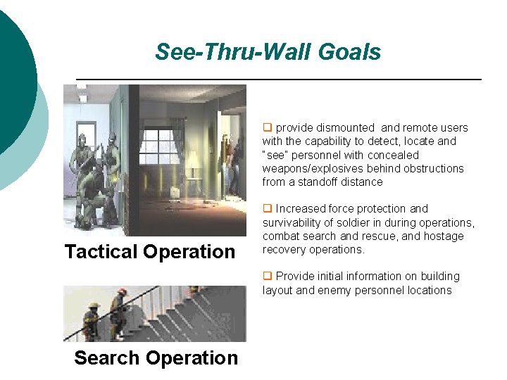 See-Thru-Wall Goals q provide dismounted and remote users with the capability to detect, locate