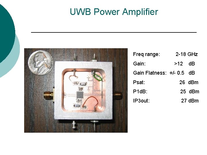 UWB Power Amplifier Freq range: 2 -18 GHz Gain: >12 d. B Gain Flatness: