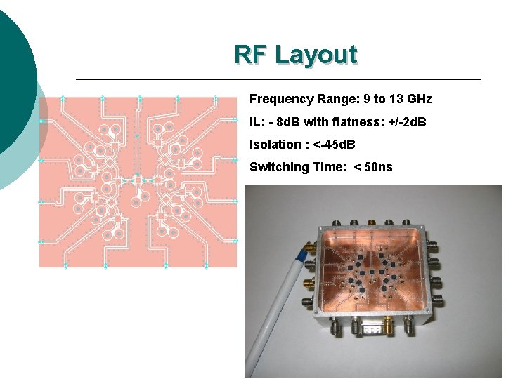 RF Layout Frequency Range: 9 to 13 GHz IL: - 8 d. B with