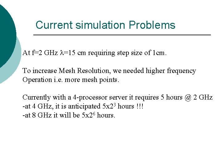 Current simulation Problems At f=2 GHz l=15 cm requiring step size of 1 cm.