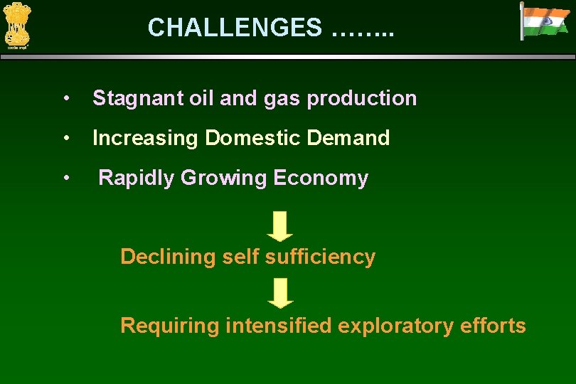 CHALLENGES ……. . • Stagnant oil and gas production • Increasing Domestic Demand •