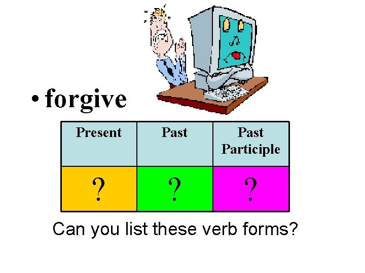  • forgive Present Past Participle ? ? ? Can you list these verb