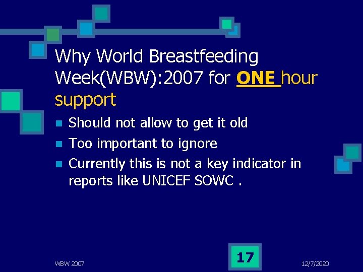 Why World Breastfeeding Week(WBW): 2007 for ONE hour support n n n Should not