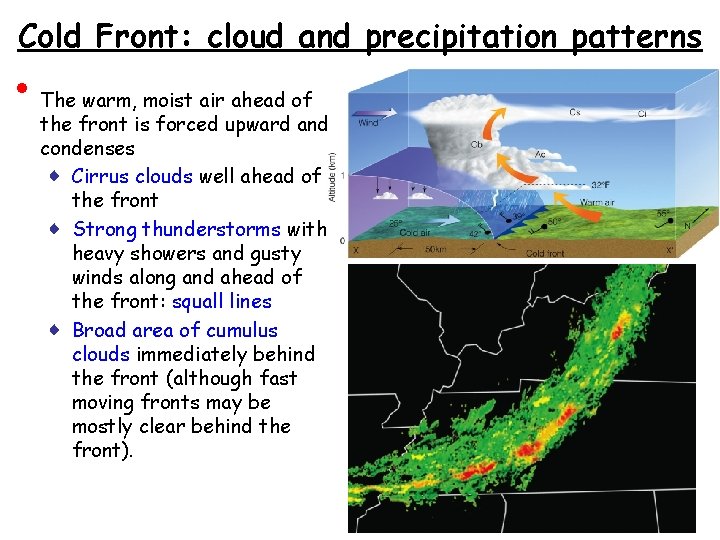Cold Front: cloud and precipitation patterns • The warm, moist air ahead of the