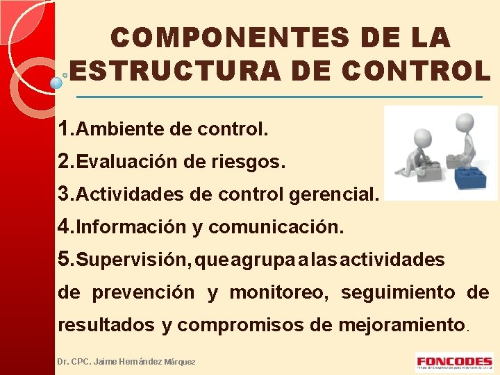 COMPONENTES DE LA ESTRUCTURA DE CONTROL 1. Ambiente de control. 2. Evaluación de riesgos.