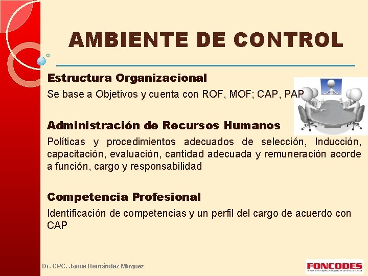 AMBIENTE DE CONTROL Estructura Organizacional Se base a Objetivos y cuenta con ROF, MOF;
