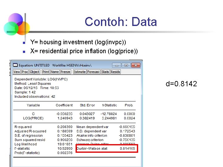 Contoh: Data n n Y= housing investment (log(invpc)) X= residential price inflation (log(price)) d=0.