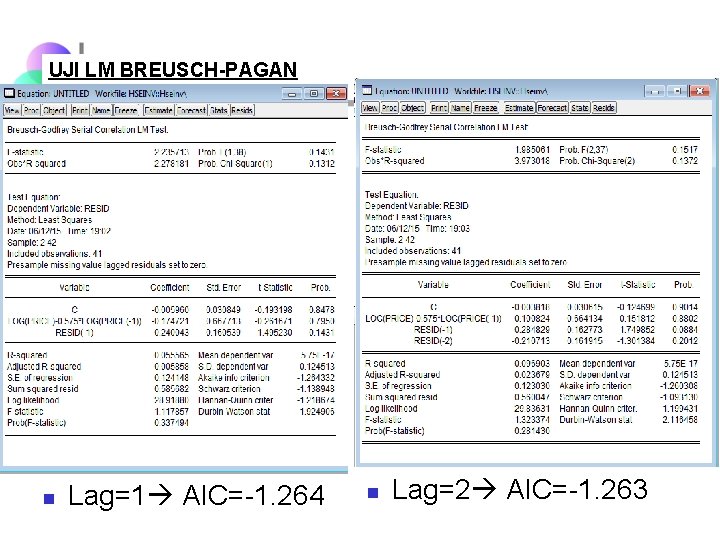 UJI LM BREUSCH-PAGAN n Lag=1 AIC=-1. 264 n Lag=2 AIC=-1. 263 