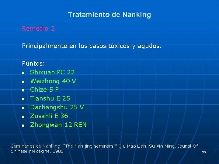 Tratamiento de Nanking Remedio 2 Principalmente en los casos tóxicos y agudos. Puntos: n