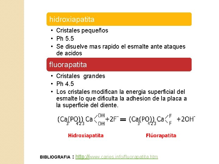 hidroxiapatita • Cristales pequeños • Ph 5. 5 • Se disuelve mas rapido el