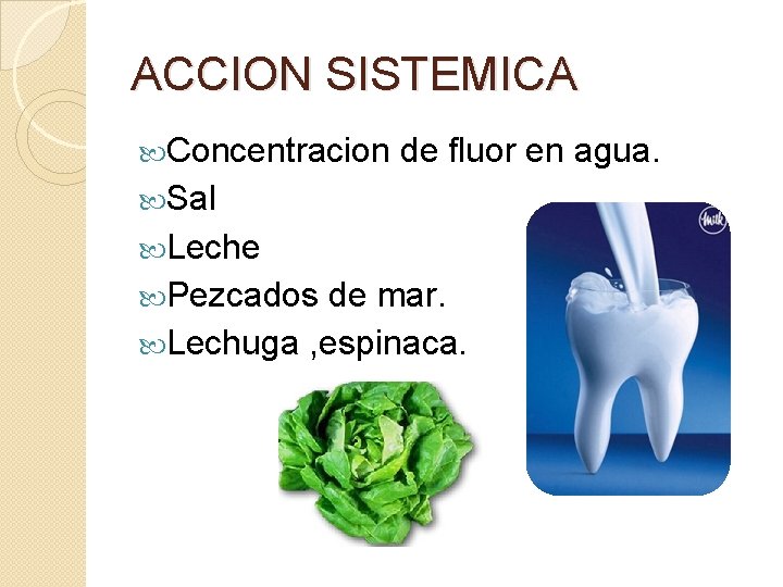 ACCION SISTEMICA Concentracion de fluor en agua. Sal Leche Pezcados de mar. Lechuga ,